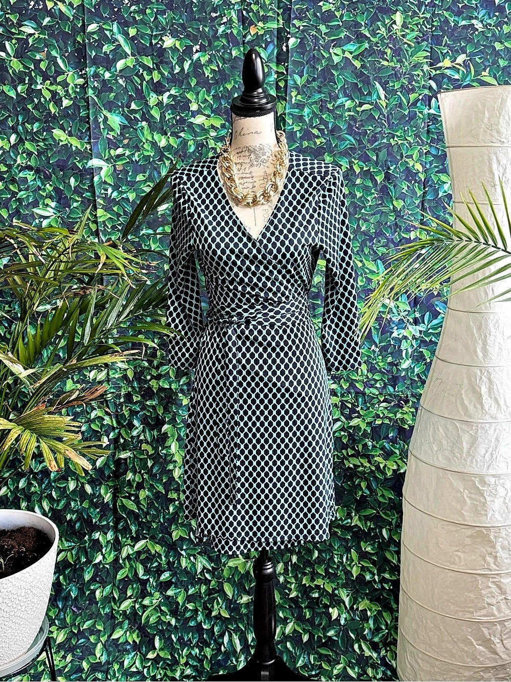 JUST FAB Geometric Wrap Mini Dress in Turquoise/Navy Blue Like New